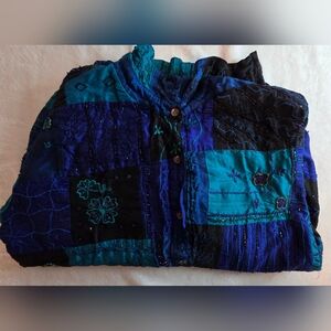 Chico's Embroidered Patchwork Jacket in Teal & Navy